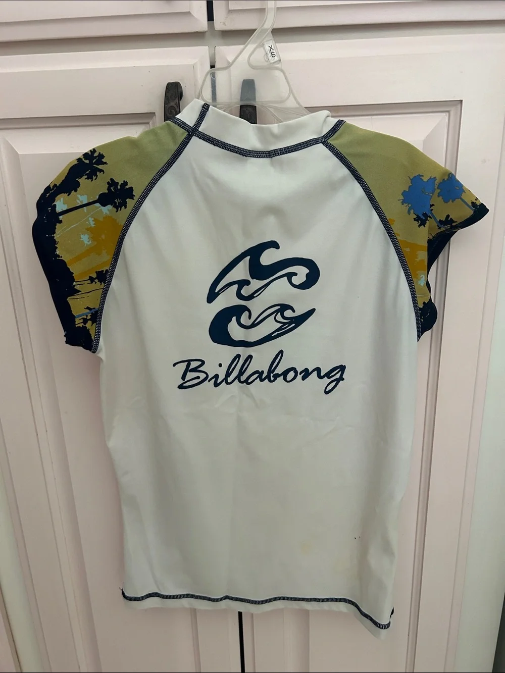 Billabong Kids White Rash Guard with Olive & Navy Graphic Sleeves
